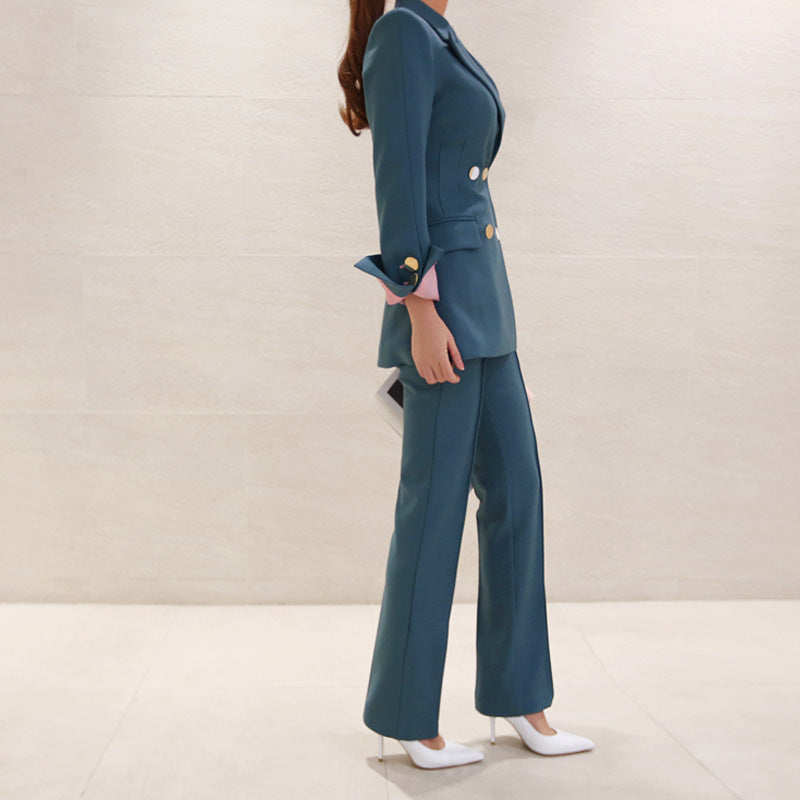 Blue Two-Piece Polyester Business Suit, Long Sleeve, Sizes S-XL