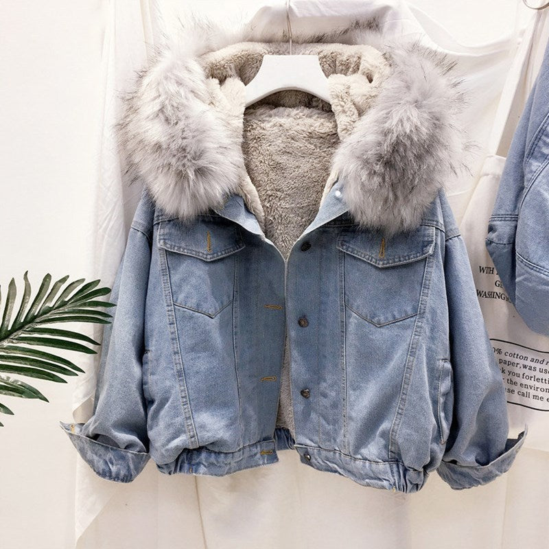 Plush Padded Cotton Denim Jacket with Long Sleeves