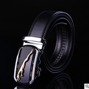 Men's Leather Automatic Buckle Belt 3.55CM Wide with Gold Buckle Head