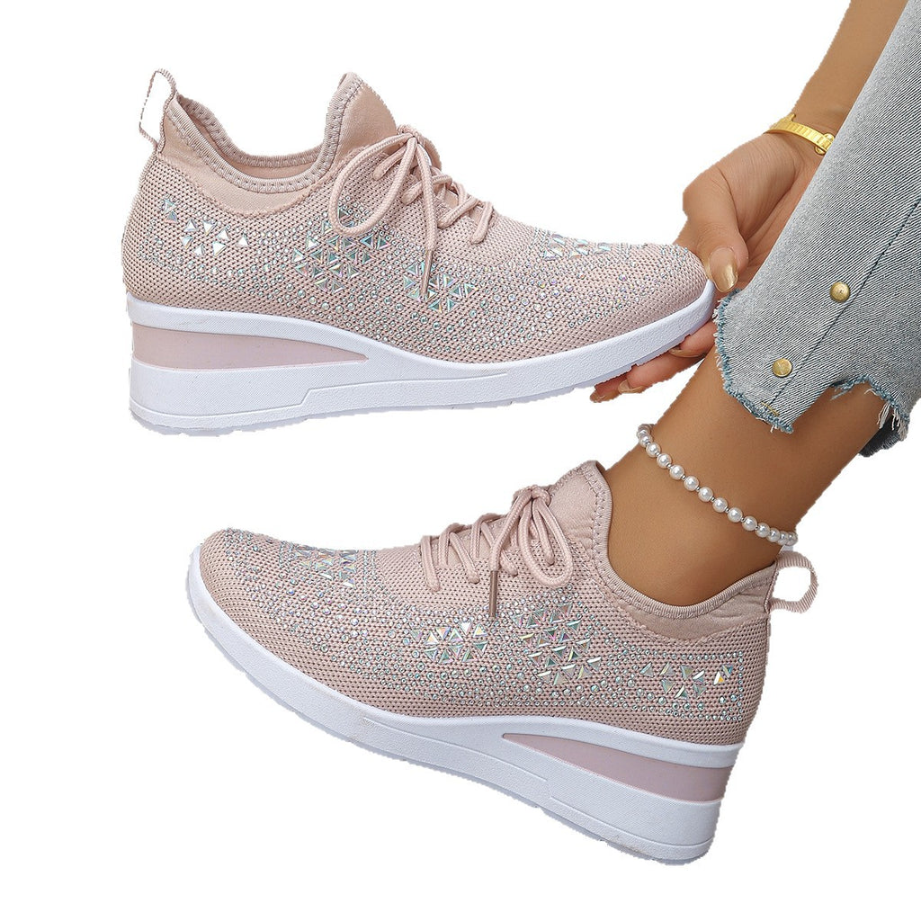 Baskets compensées à lacets Ins Rhinestone pour femmes Chaussures de sport décontractées