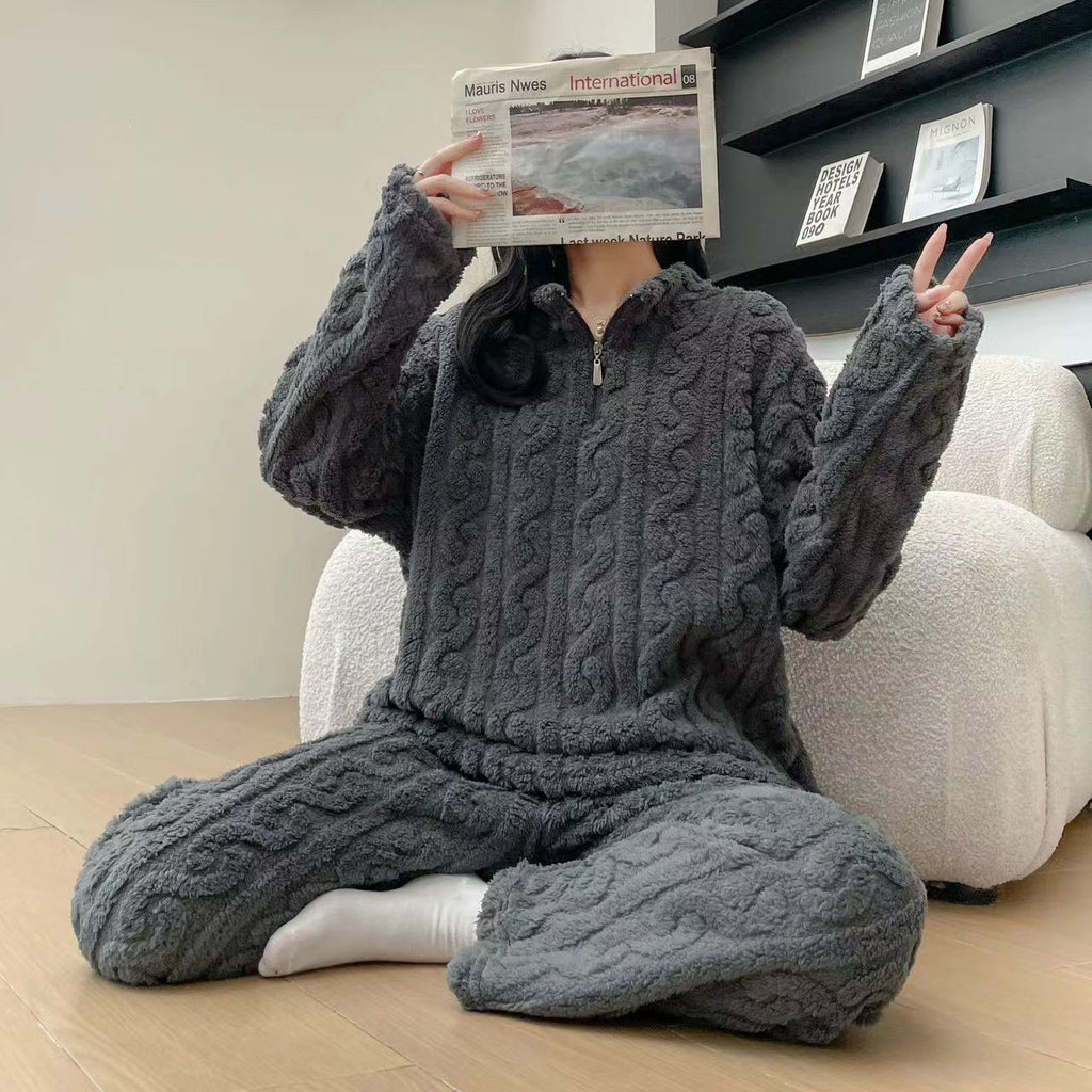 Pyjama Couple Hiver Automne en Polaire Corail Épais avec Fermeture Éclair Torsadée, Tenue d'Intérieur