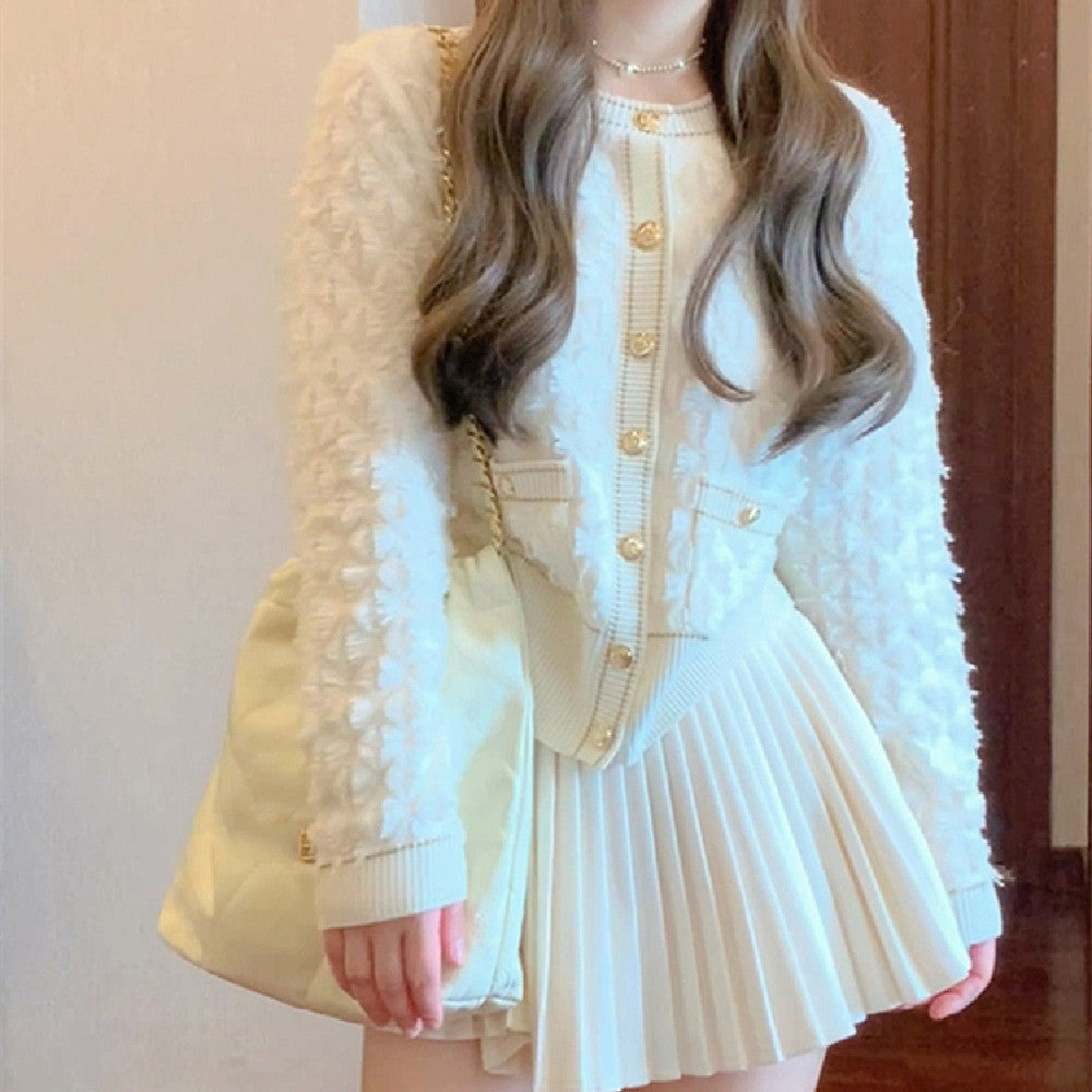 Ensemble jupe et veste blanche pour femme - Style coréen, col rond, manches longues