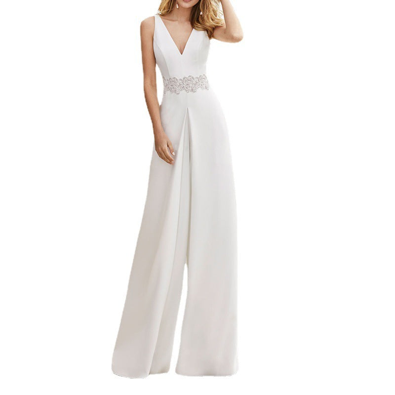 Summer Sleeveless V-Neck Slim White Lace Long Jumpsuit for Women