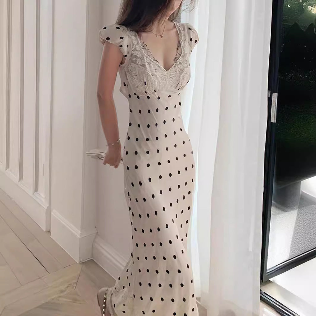 Women's Lace V-Neck High Waist Polka Dot Dress S-XL