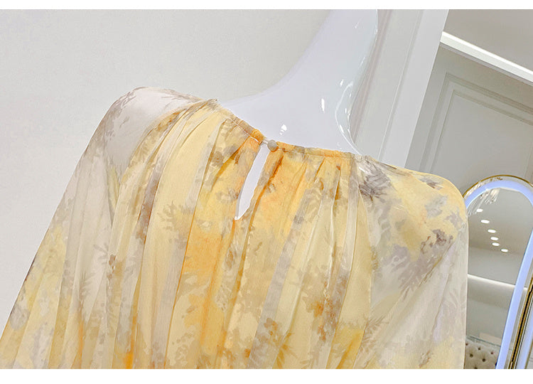 Women's Floral Chiffon Dress with Round Neck, One Size