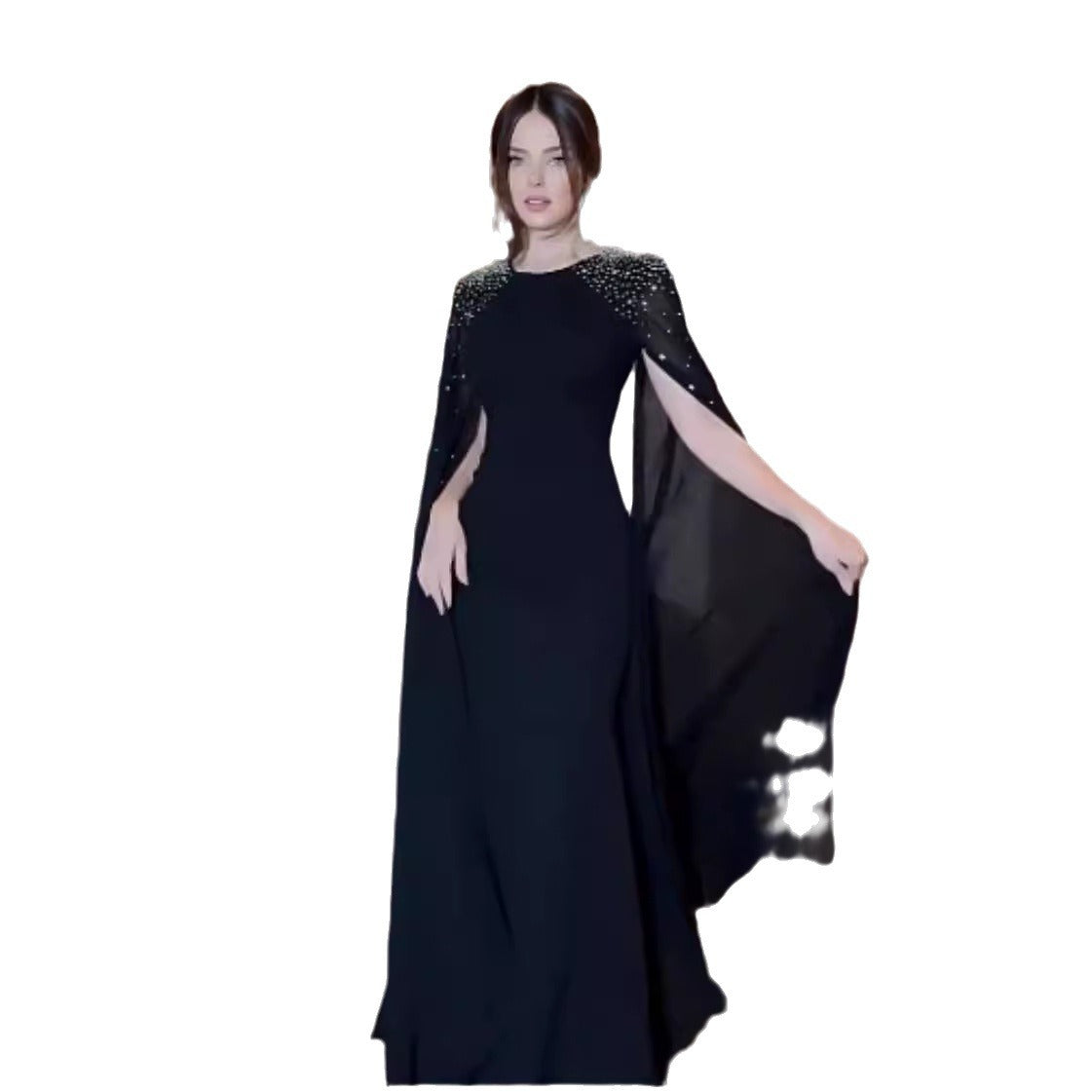 Black Middle East Hot Fix Rhinestone Evening Gown Robe Long Sleeve