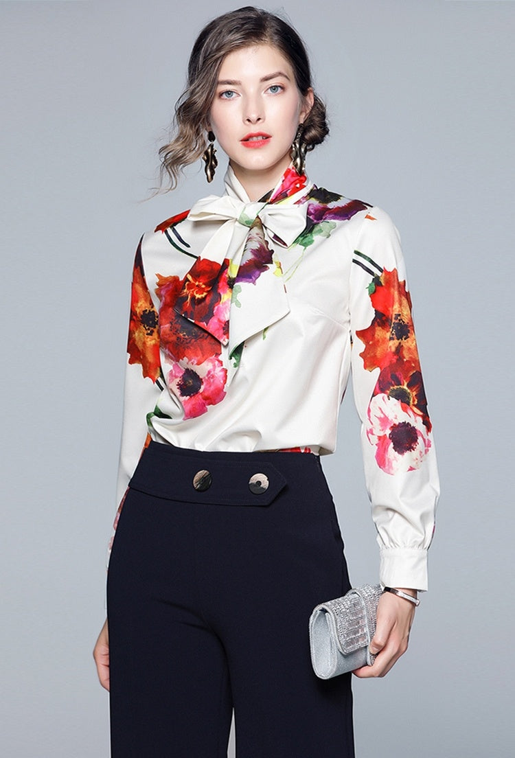 Women's White Long Sleeve Shirt with Bow Ribbon Print