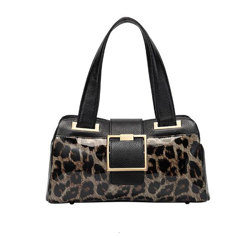 Large-Capacity Cowhide Leopard Print One-Shoulder Messenger Bag for Women