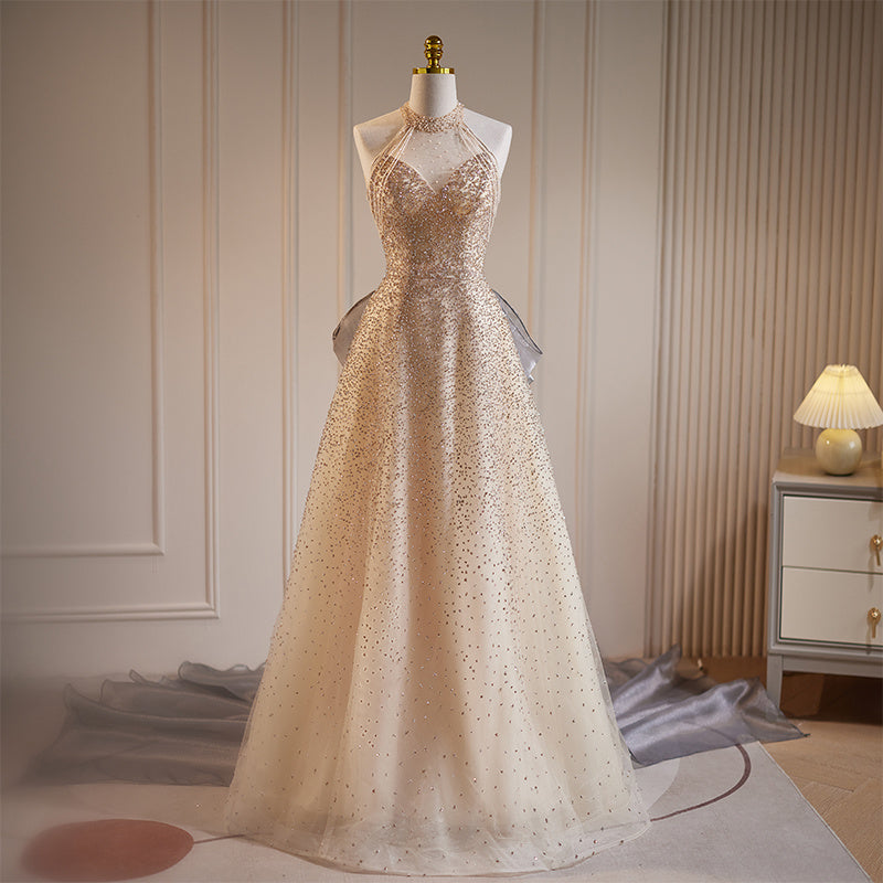 Champagne Tassel Evening Dress Slim Fit Polyester