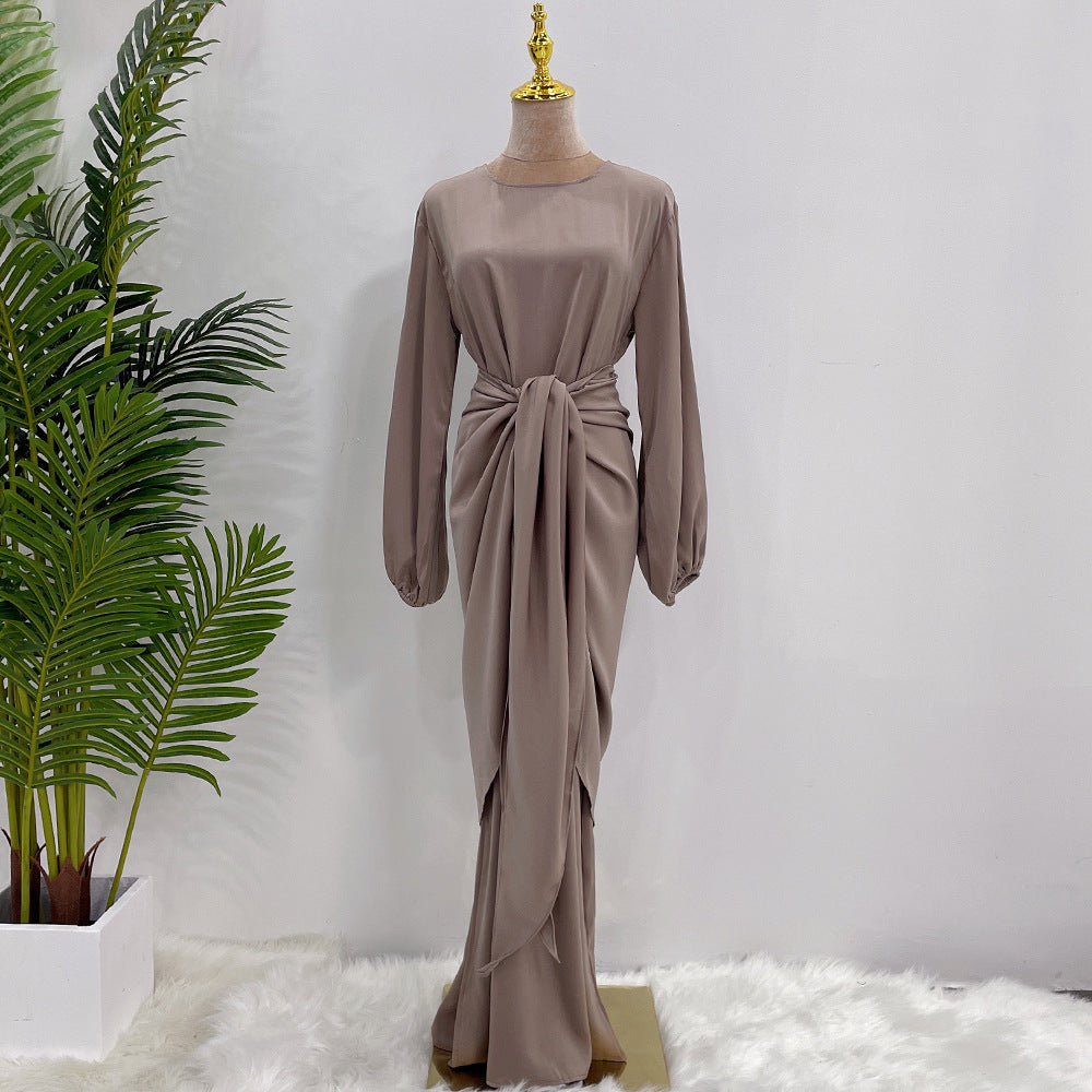 Robe longue douce turque à manches longues pour femmes avec détail à lacets