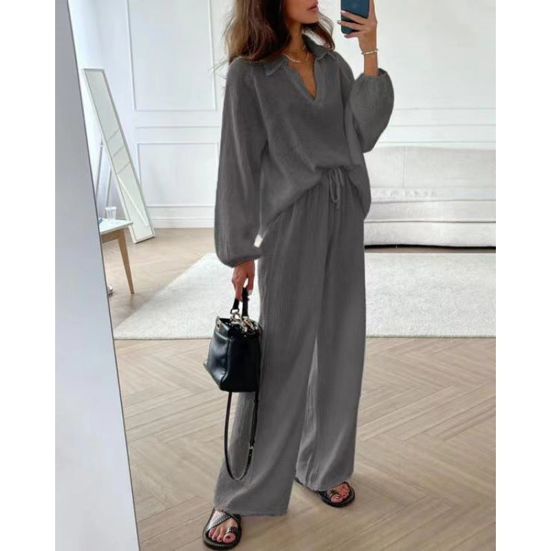 Ensemble élégant haut et pantalon décontracté en polyester pour femme, disponible en plusieurs coloris
