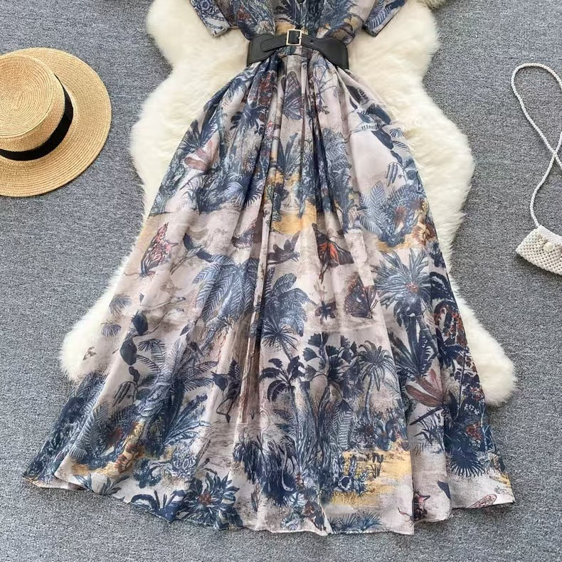 Robe en mousseline de soie élégante imprimée taille haute