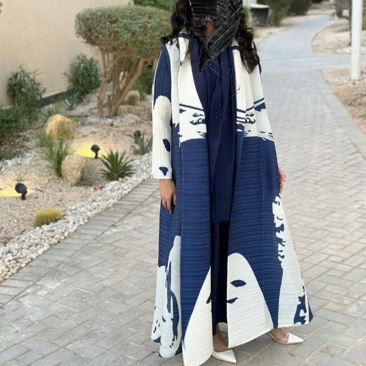 Pleated Trench Djellaba Printed Shawl Cardigan Ethnic Cloak Coat for Middle East Women