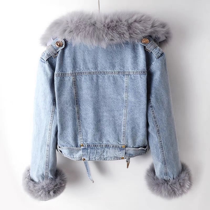 Detachable Fox & Rabbit Fur Liner Denim Coat in Blue