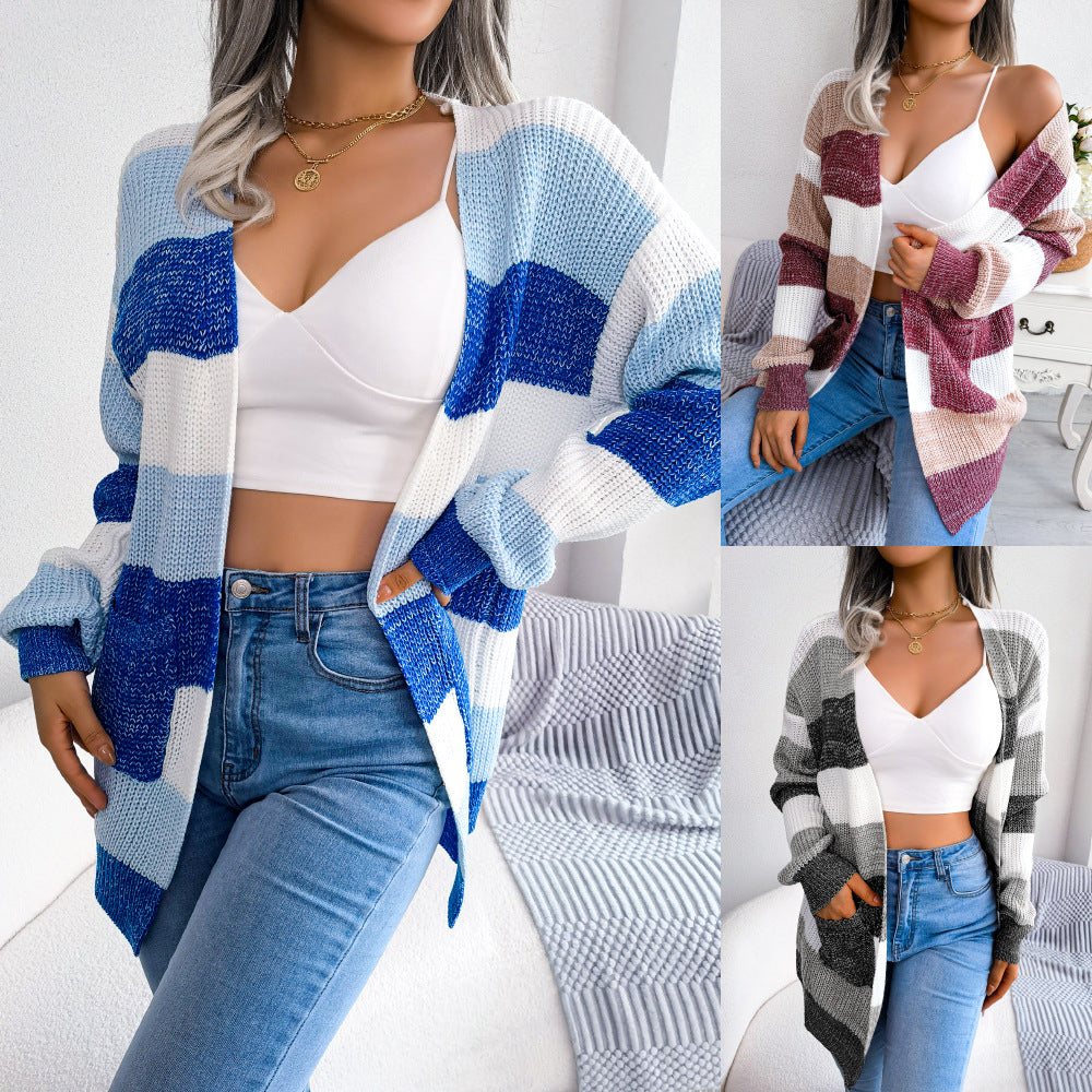 Gilet en tricot à carreaux et manches lanternes pour femme