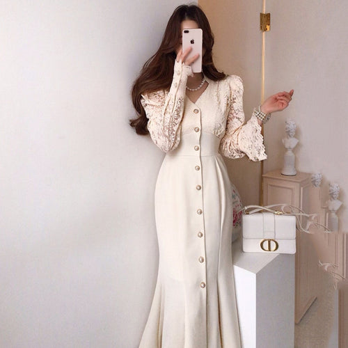 Elegant Chic Apricot & Black Lace Long Sleeve Dress Mid-Length