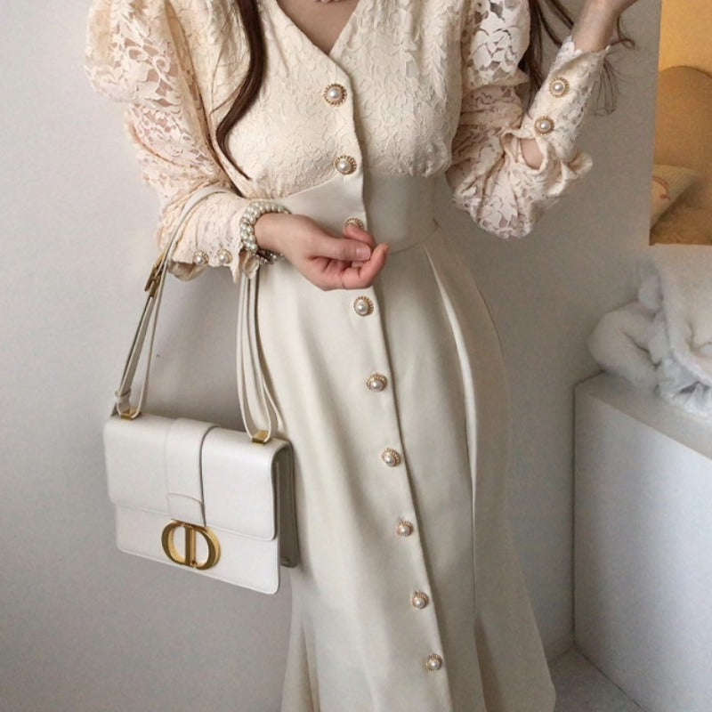Elegant Chic Lace Stitching Long Sleeve Dress