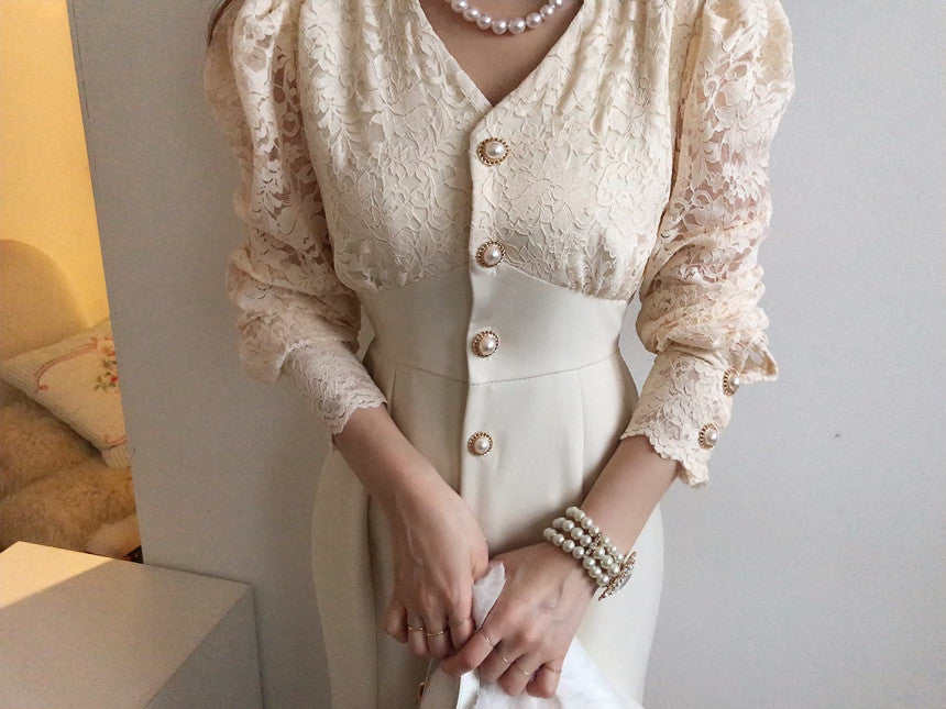 Elegant Chic Lace Stitching Long Sleeve Dress