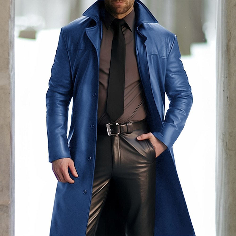Trench-coat mi-long en faux cuir bleu vintage pour homme coupe-vent d'hiver