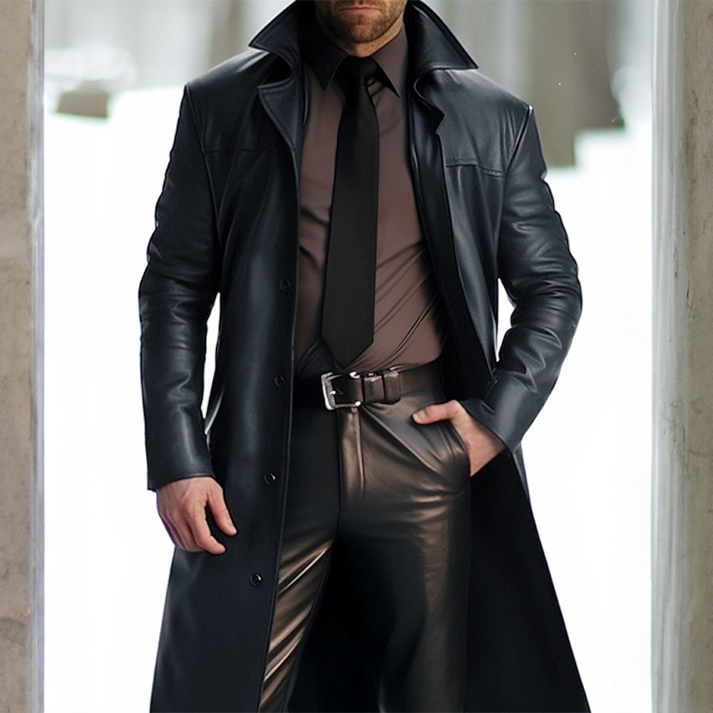 Trench-coat mi-long en faux cuir bleu vintage pour homme coupe-vent d'hiver