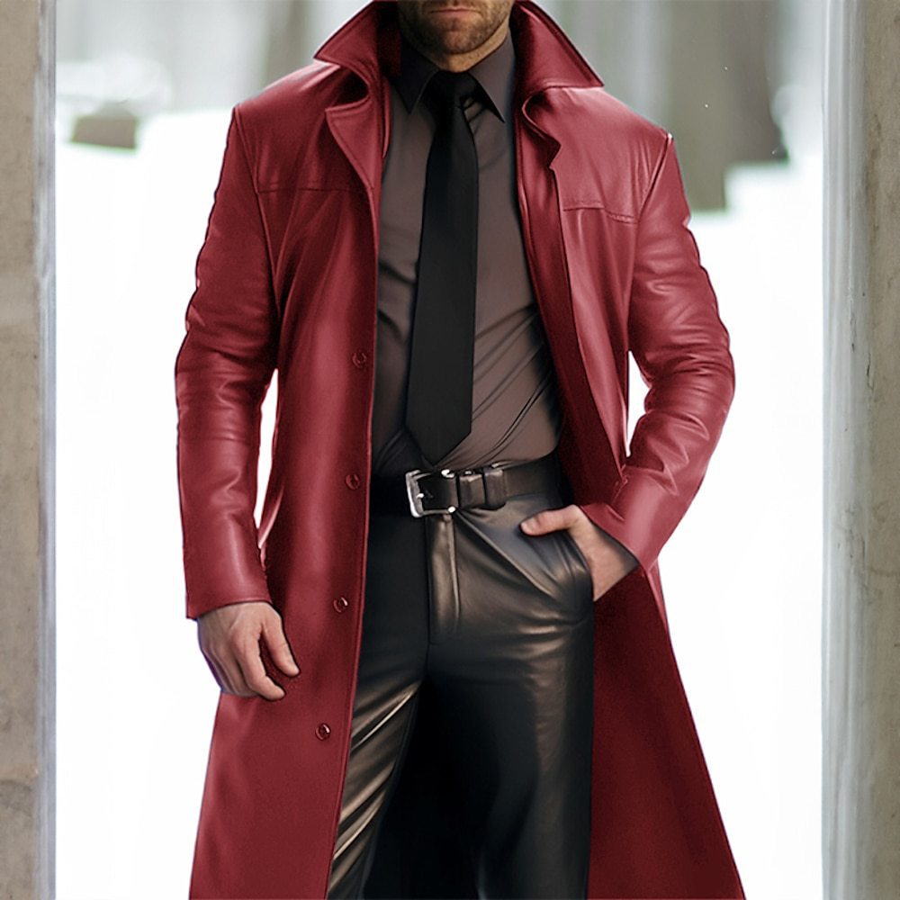 Trench-coat mi-long en faux cuir bleu vintage pour homme coupe-vent d'hiver