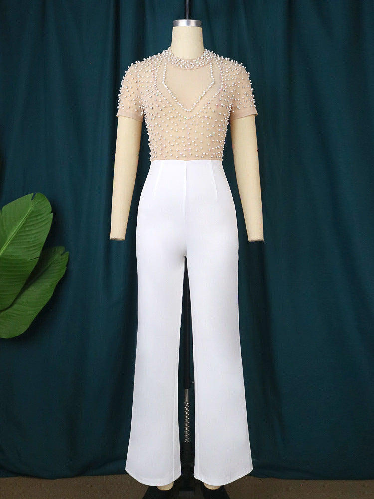 High Waist Beaded Jumpsuit with Round Neck and Long Sleeves