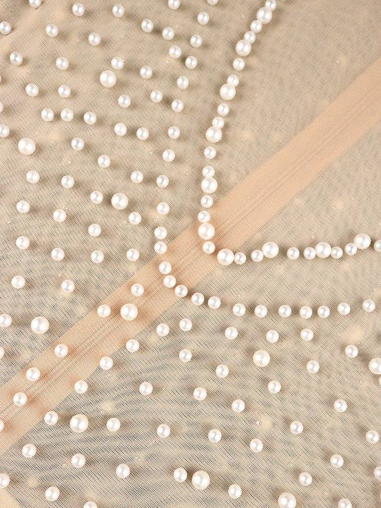 High Waist Beaded Jumpsuit with Round Neck and Long Sleeves