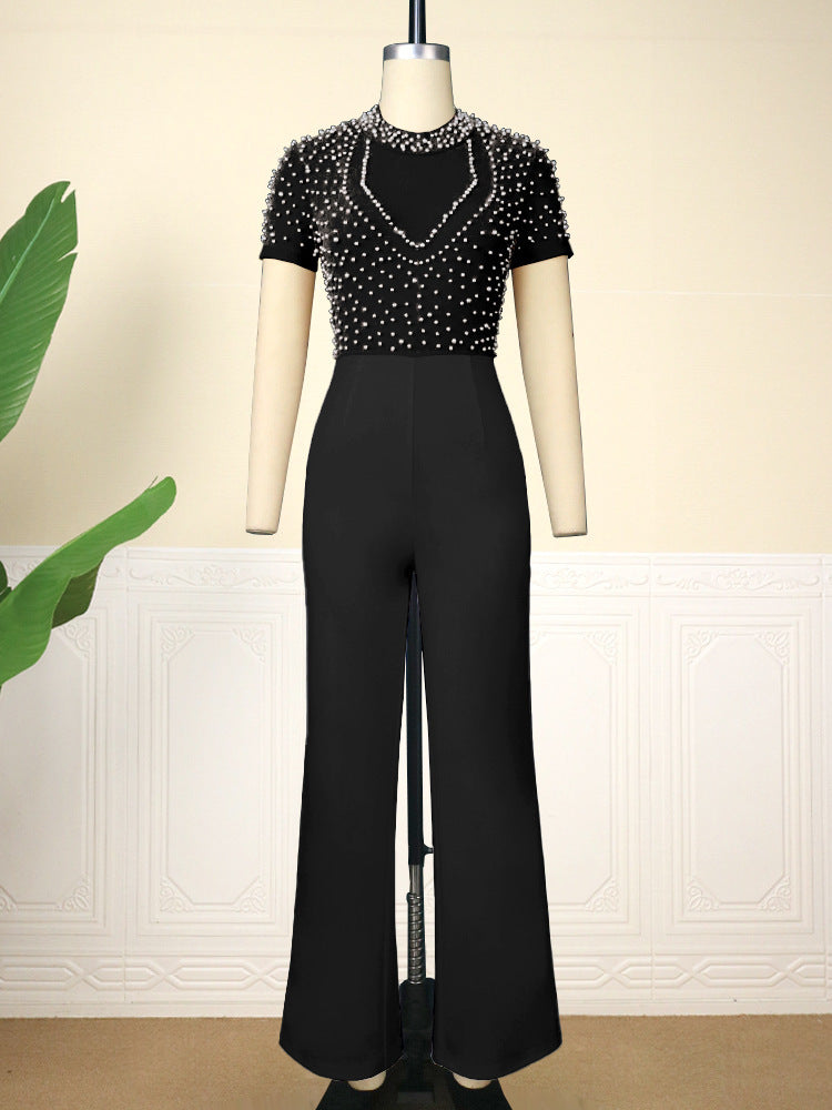 High Waist Beaded Jumpsuit with Round Neck and Long Sleeves