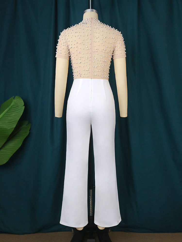 High Waist Beaded Jumpsuit with Round Neck and Long Sleeves