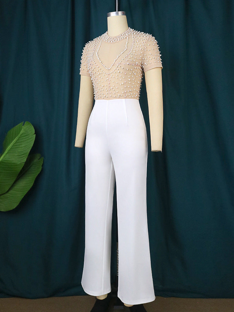 High Waist Beaded Jumpsuit with Round Neck and Long Sleeves