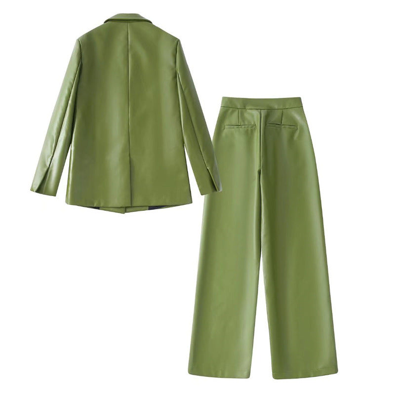 Women's Casual Loose Fit Faux Leather Suit Pants Set
