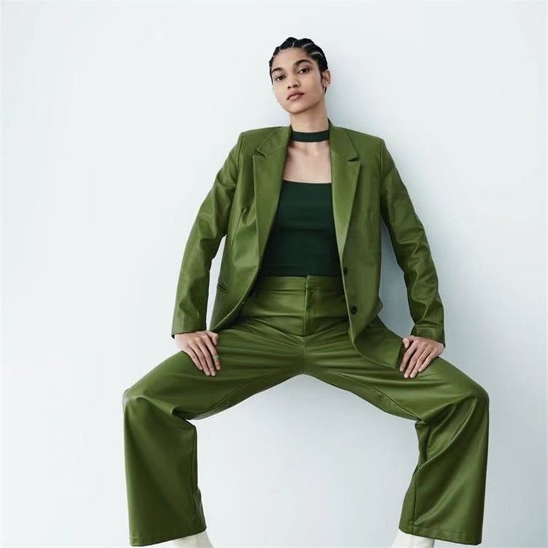 Women's Casual Loose Fit Faux Leather Suit Pants Set