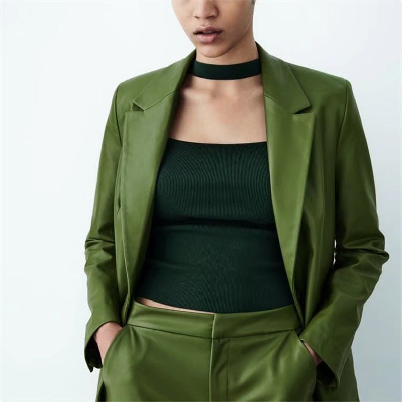 Women's Casual Loose Fit Faux Leather Suit Pants Set
