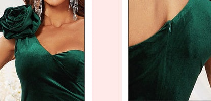 Robe longue vert foncé sans manches et asymétrique à fleurs 3D