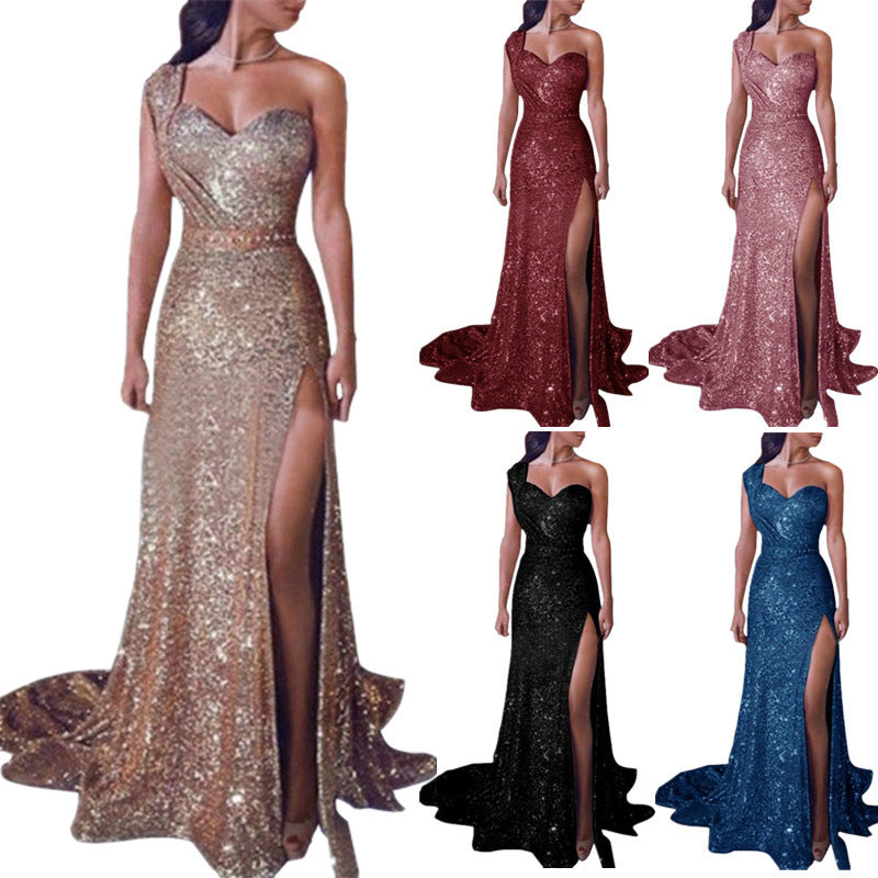 Women's One-Shoulder Sleeveless Bronzing Split Dress
