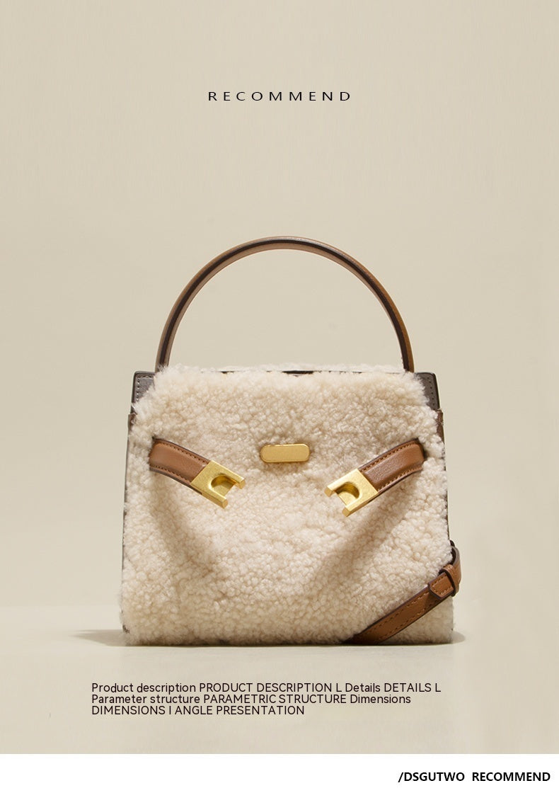 Sac bandoulière en cuir et peluche de laine d'agneau pour femmes – Mode automne-hiver