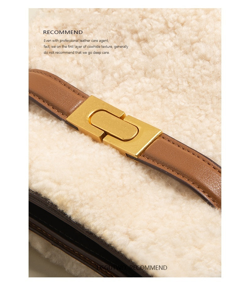 Sac bandoulière en cuir et peluche de laine d'agneau pour femmes – Mode automne-hiver
