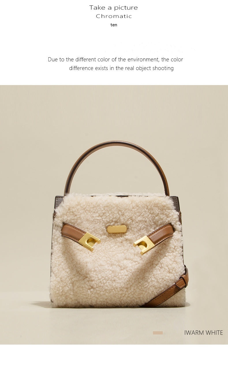 Sac bandoulière en cuir et peluche de laine d'agneau pour femmes – Mode automne-hiver