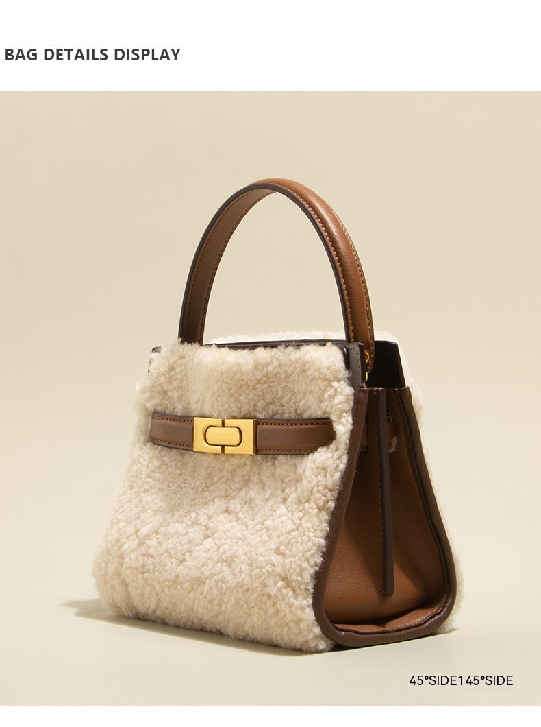 Sac bandoulière en cuir et peluche de laine d'agneau pour femmes – Mode automne-hiver
