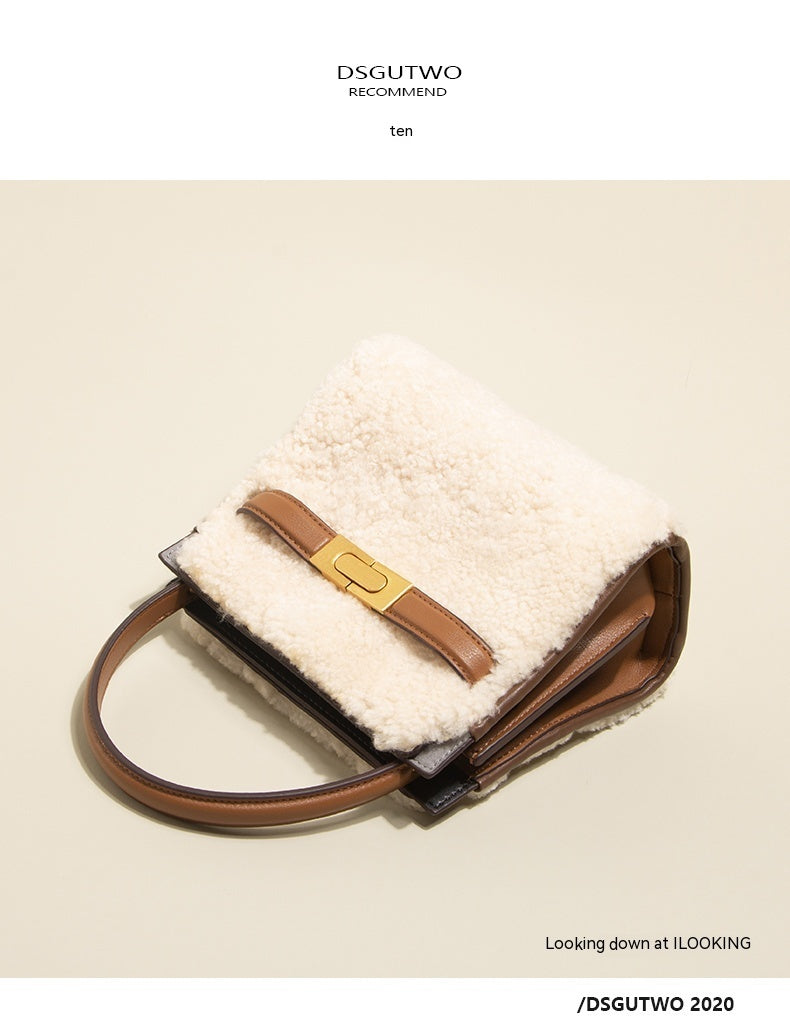 Sac bandoulière en cuir et peluche de laine d'agneau pour femmes – Mode automne-hiver