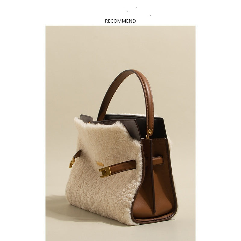 Sac bandoulière en cuir et peluche de laine d'agneau pour femmes – Mode automne-hiver