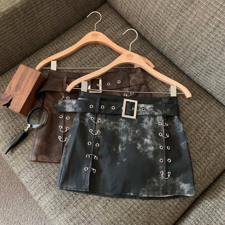 Maillard American Tie-Dyed PU Leather A-Line Skirt for Women