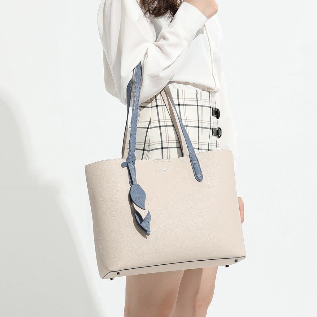 Women's Large Capacity Leather Handbag – Apricot & Black, 28x35x13cm