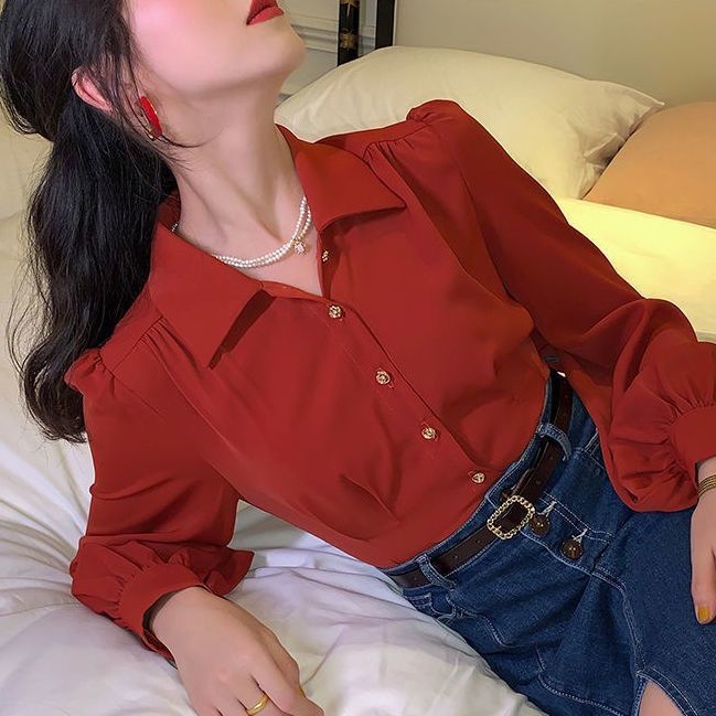 قميص شيفون أحمر نسائي بتصميم عتيق، أكمام طويلة، مقاسات S-XL