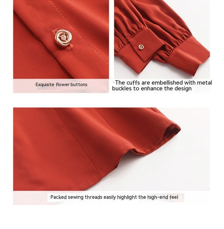 قميص شيفون أحمر نسائي بتصميم عتيق، أكمام طويلة، مقاسات S-XL