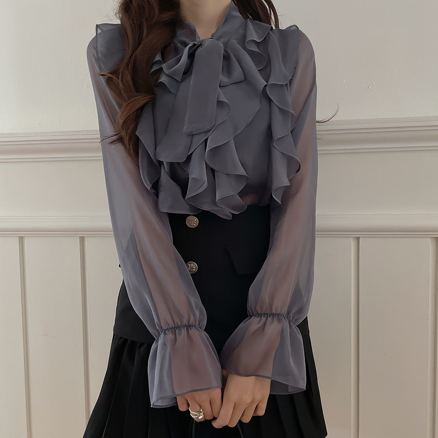 Women's Chiffon Lace-Up Shirt Long Sleeve Top in White & Gray