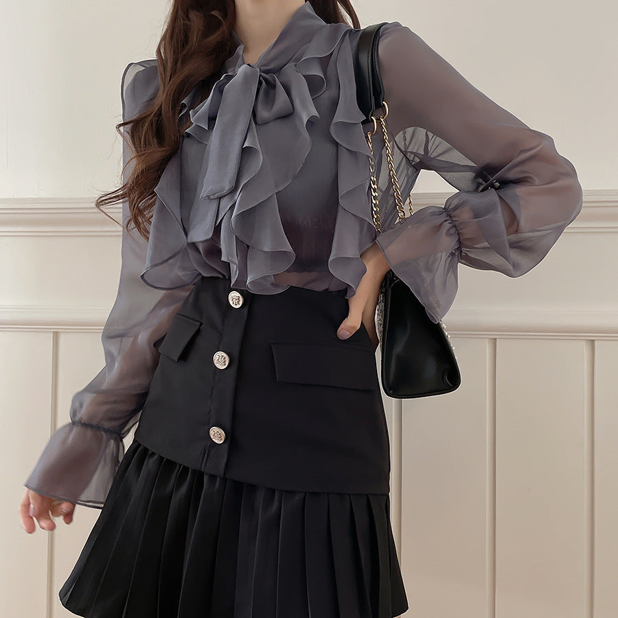 Women's Chiffon Lace-Up Shirt Long Sleeve Top in White & Gray