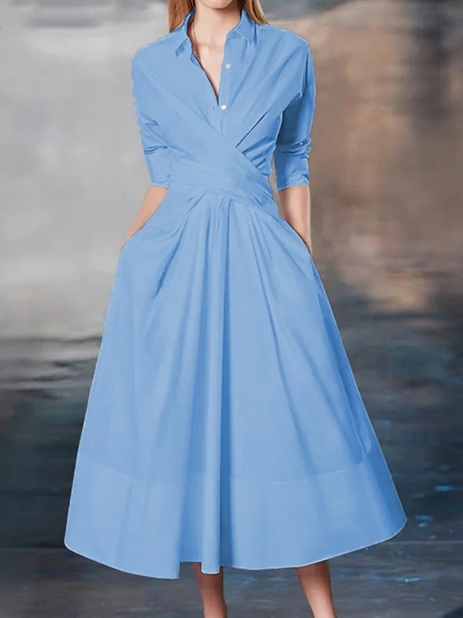 Polo Collar Solid Color Mid-Length Dress with Zipper