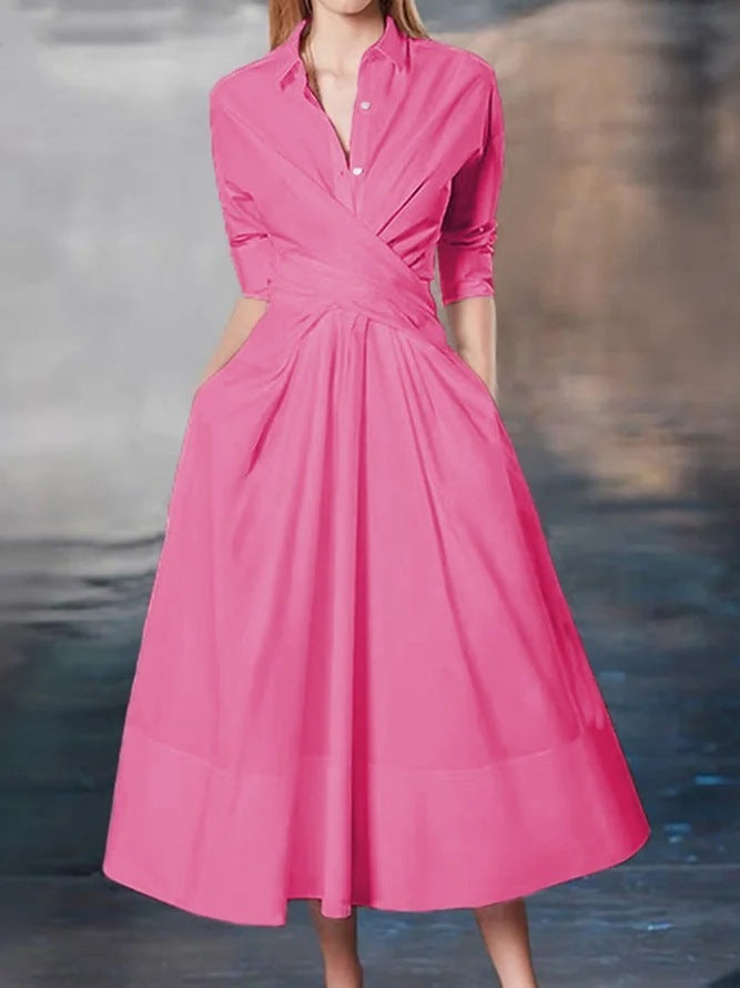 Polo Collar Solid Color Mid-Length Dress with Zipper