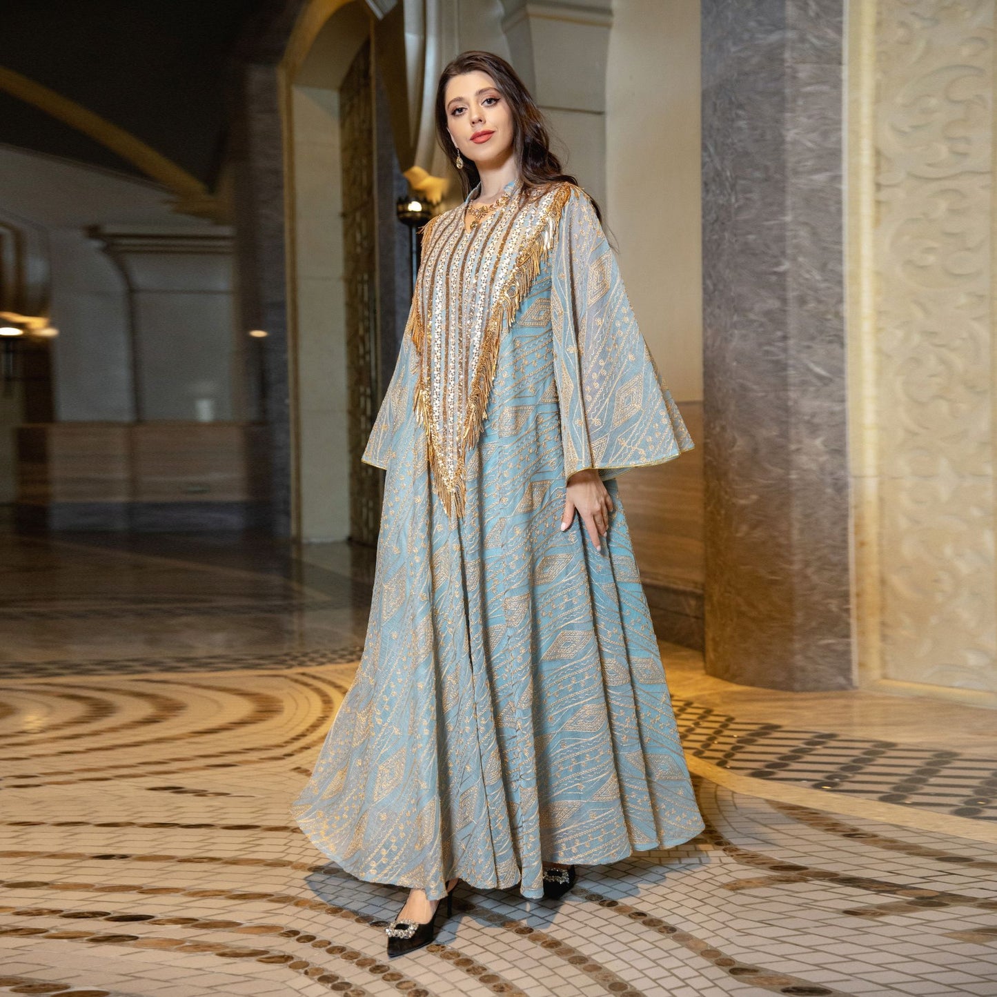 Festival Evening Dress Arabian Dubai Mesh Embroidered Sequins Robe Middle East